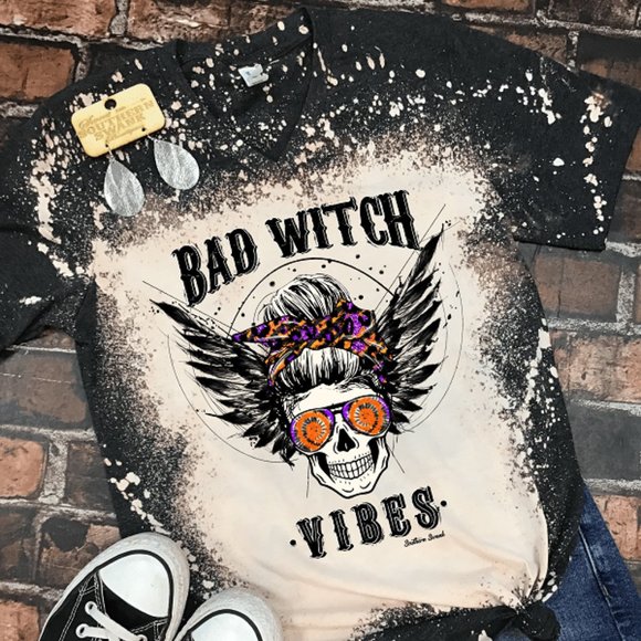 Southern Swank Tops - Bad Witch Vibes Distressed Bleached V-Neck Tee